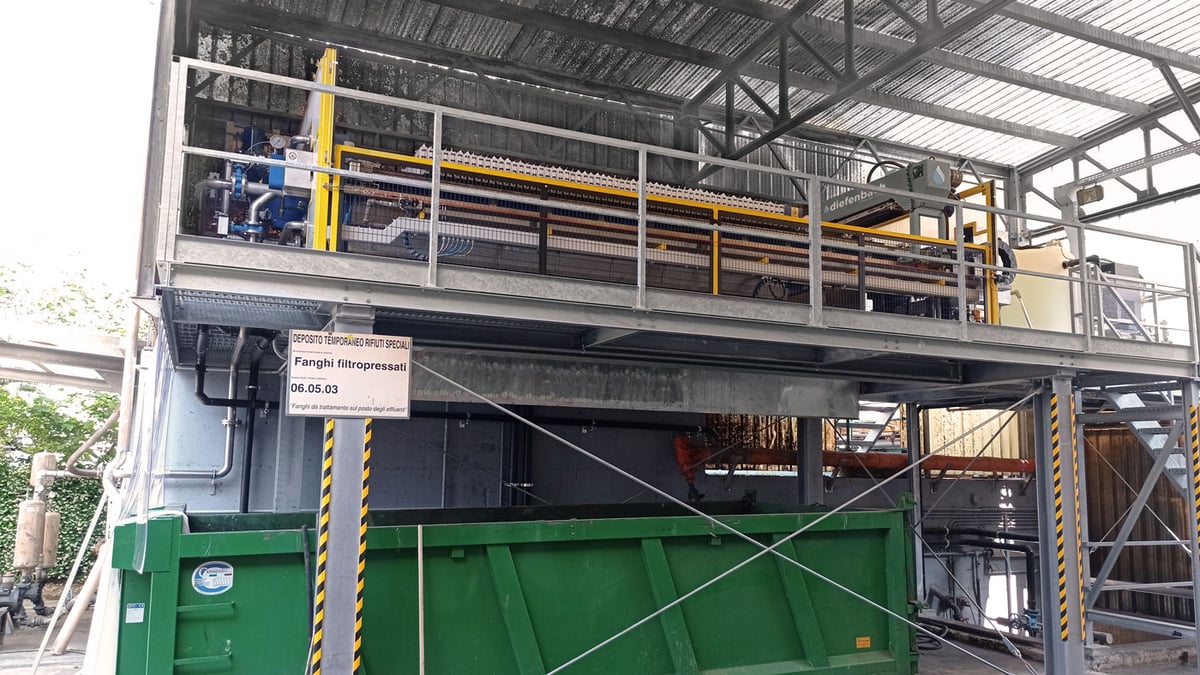 Filtro de prensa de viga lateral instalado con contenedor bajo el armazón para recolección de torta